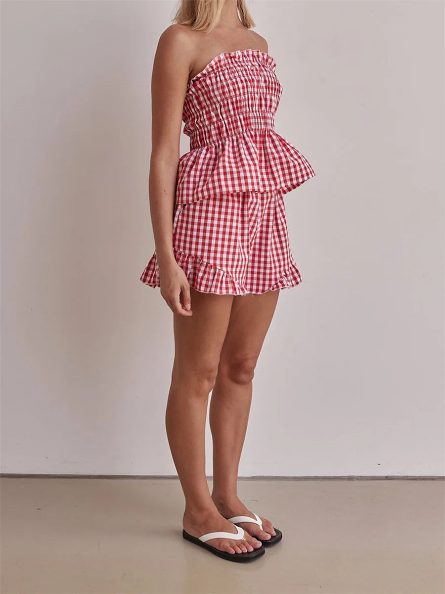 Picnic Plaid Off-Shoulder and Ruffled Set