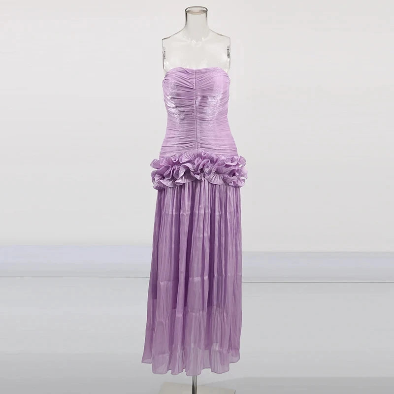 Hem and length detail of Teresa ruffled dress being worn