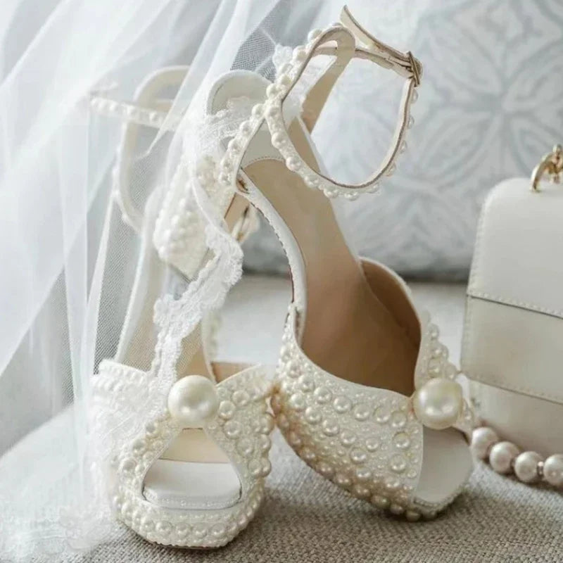 Pearl-Embellished Satin Platform Heels – pearl-embellished satin platform heels