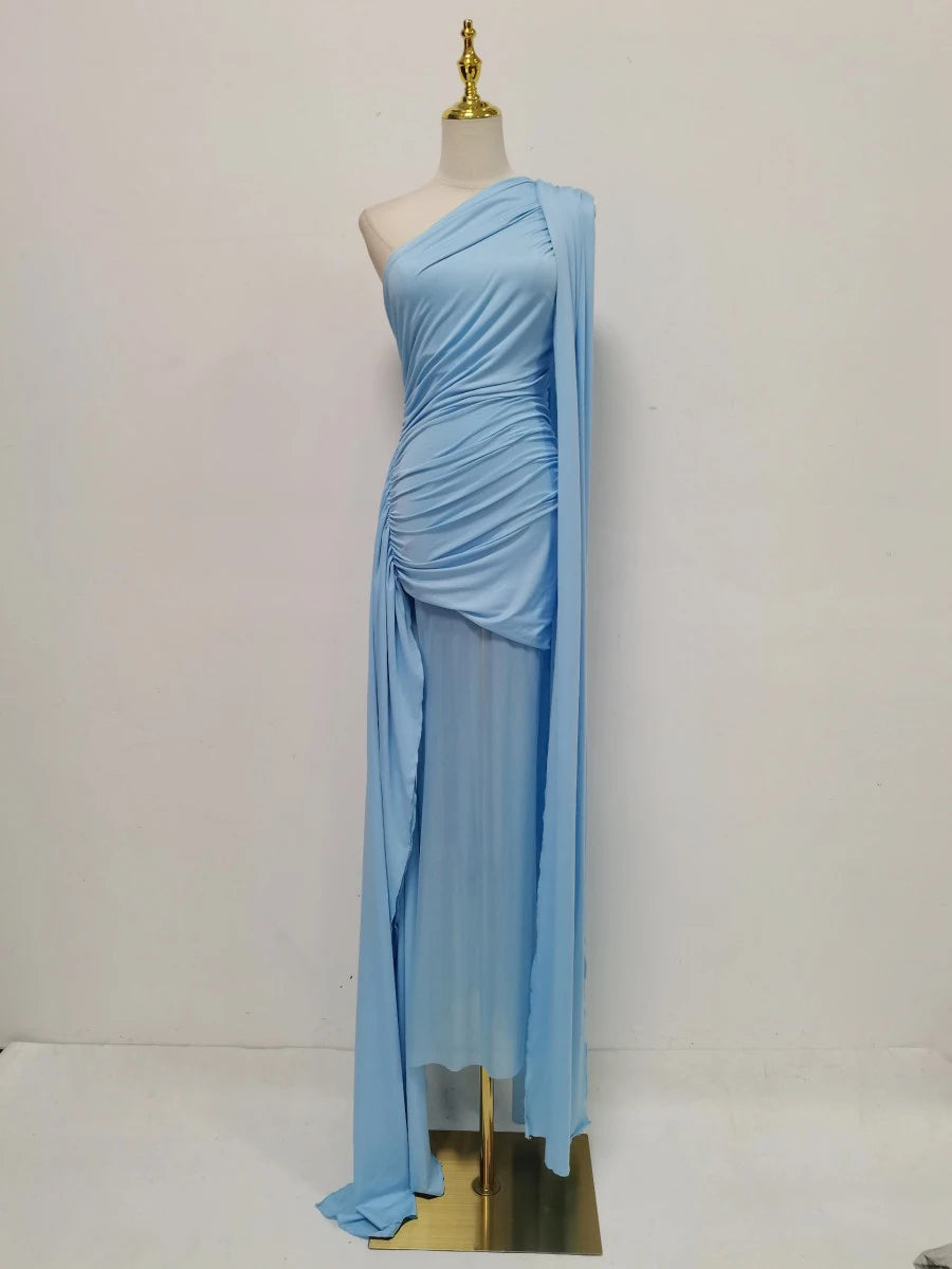 Amy One Shoulder Sheer Cape Dress – wine – sheer finish