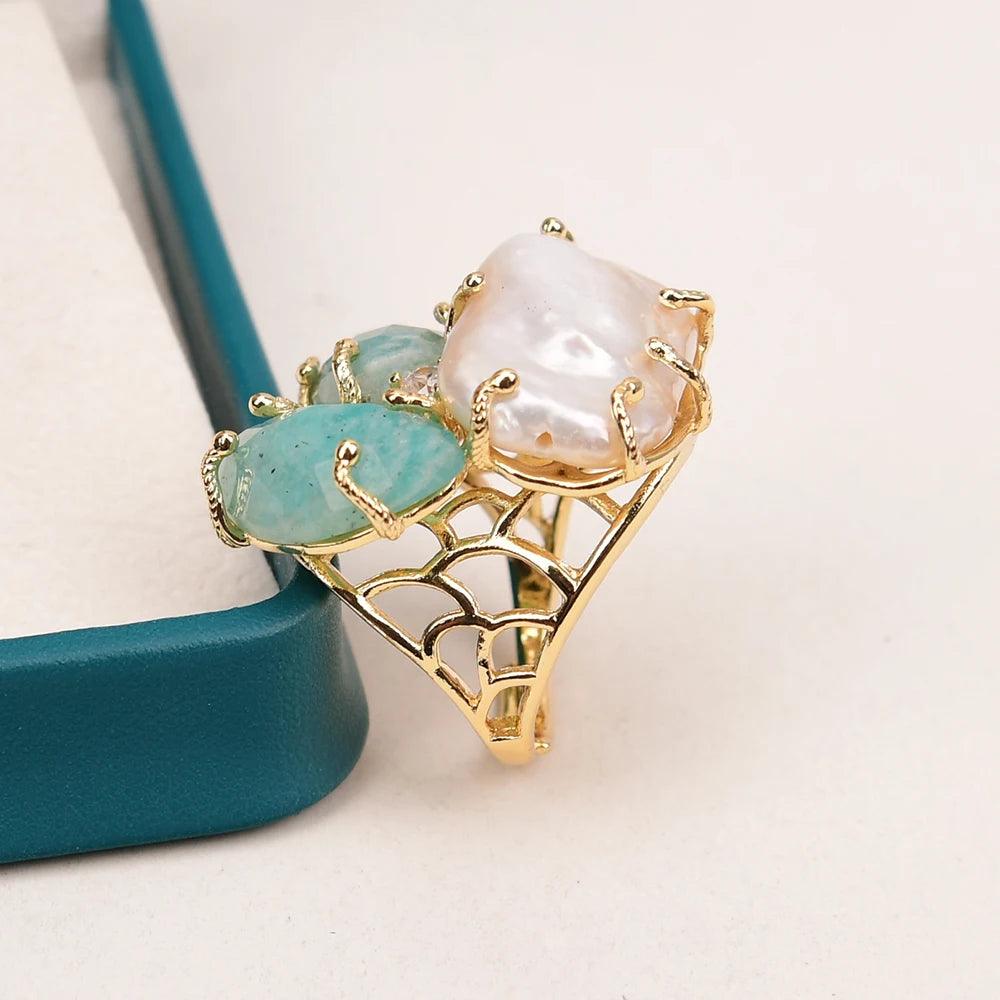 Pearl & Amazonite Adjustable Ring
