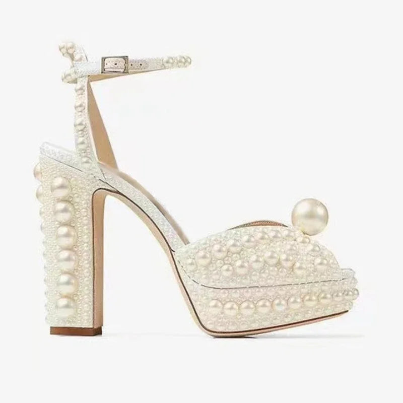 Pearl-Embellished Satin Platform Heels – pearl-embellished satin platform heels