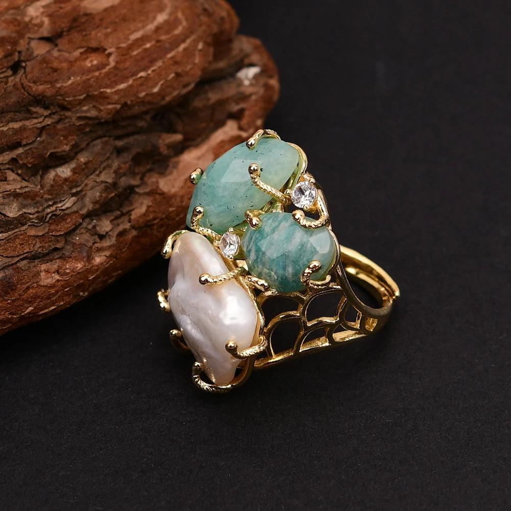 Pearl & Amazonite Adjustable Ring