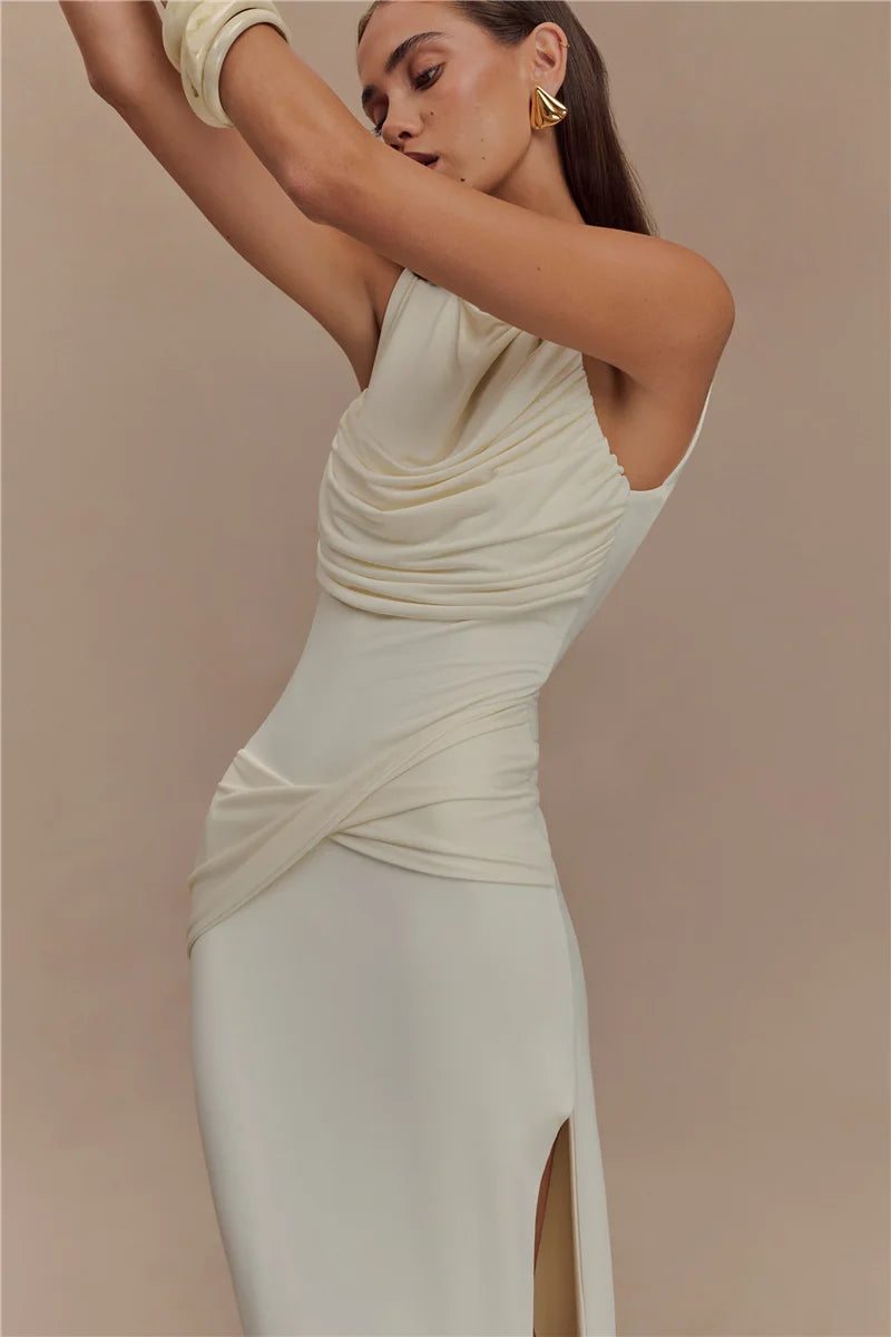 Paola Backless Ruched Dress – white – backless