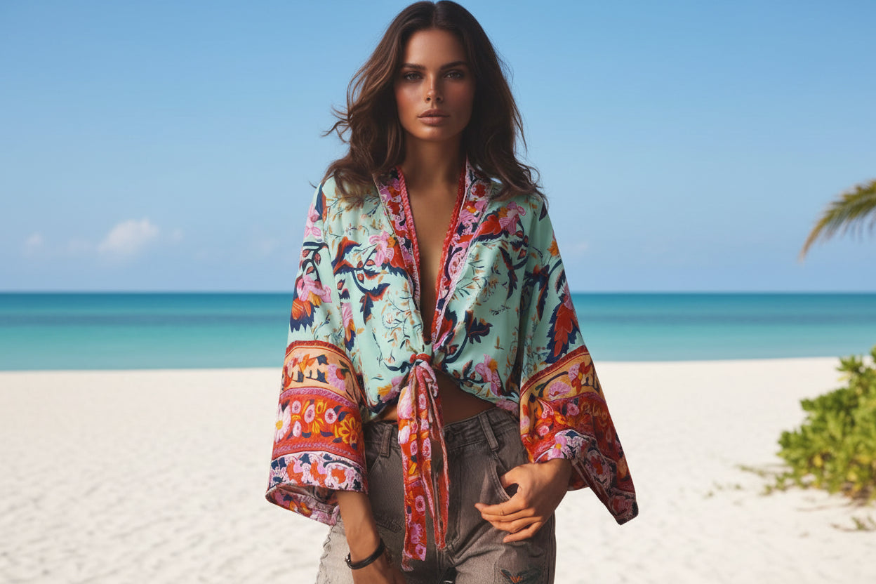 Floral Kimono Cover Up Top – red – floral print