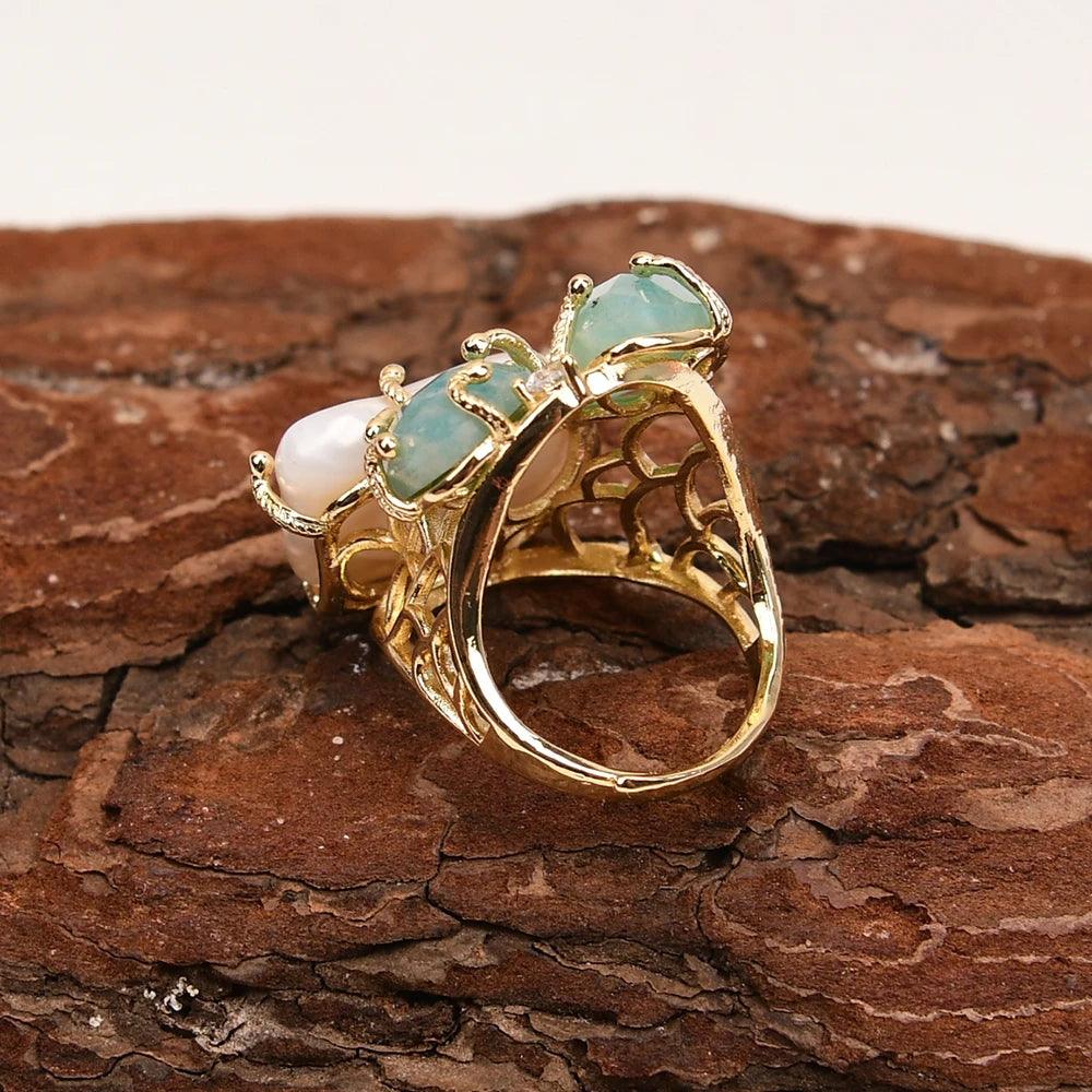 Pearl & Amazonite Adjustable Ring