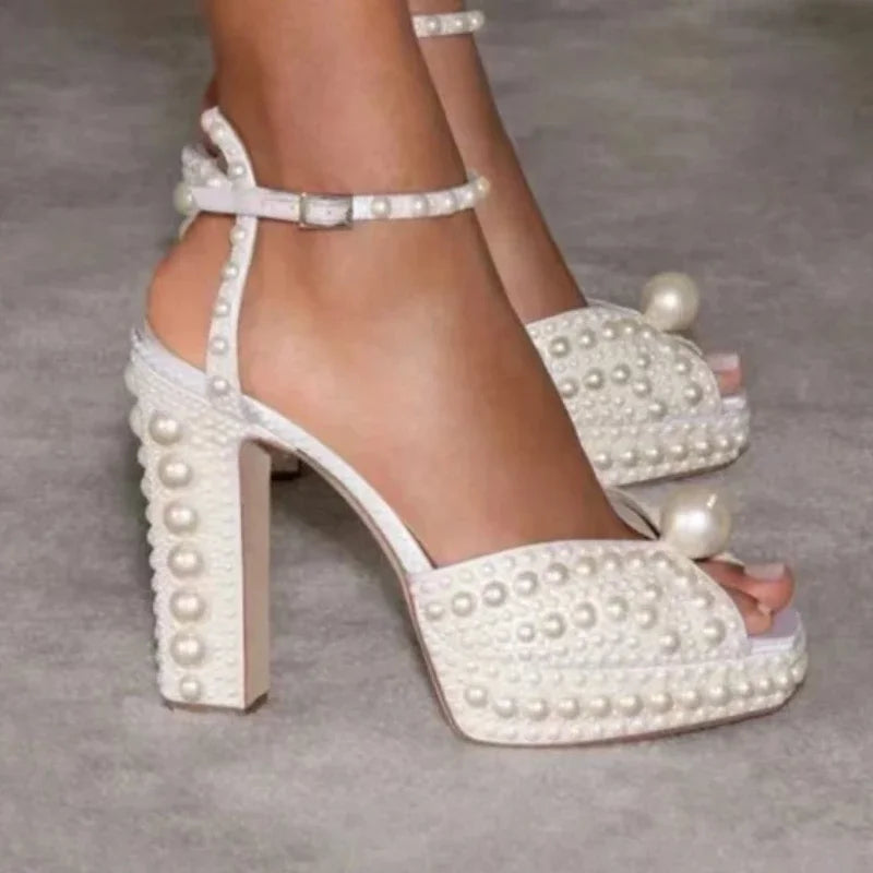 Pearl-Embellished Satin Platform Heels – pearl-embellished satin platform heels