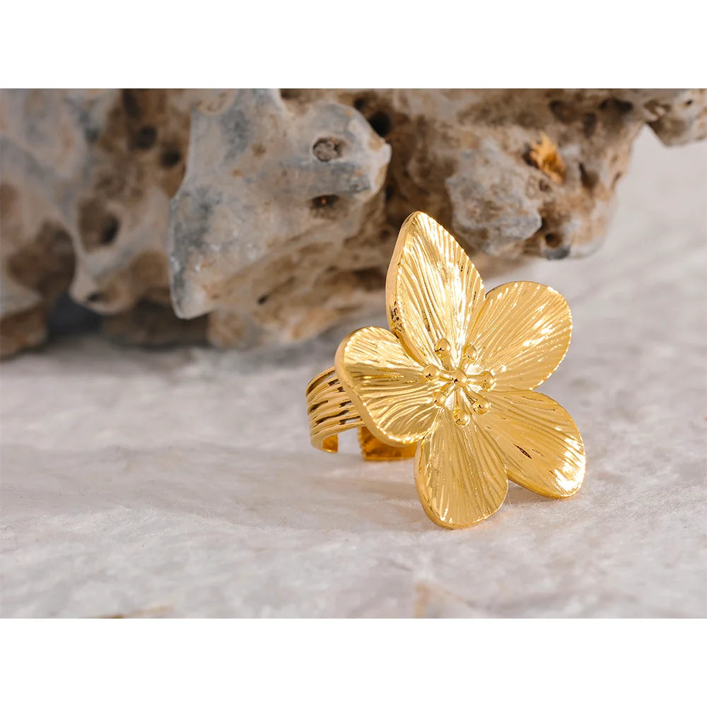 18K Gold Plated Big Flower Ring — rings in gold — back view
