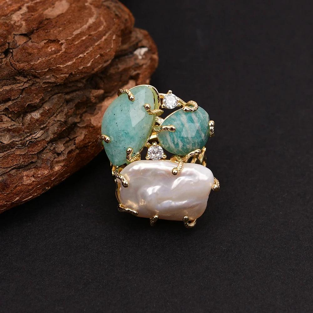 Pearl & Amazonite Adjustable Ring