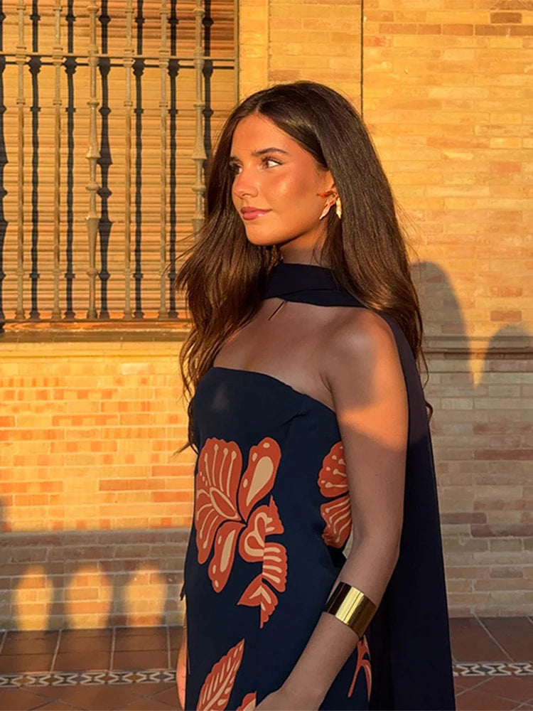 Strapless Tropical Long Dress — dresses in navy strapless neckline — additional view