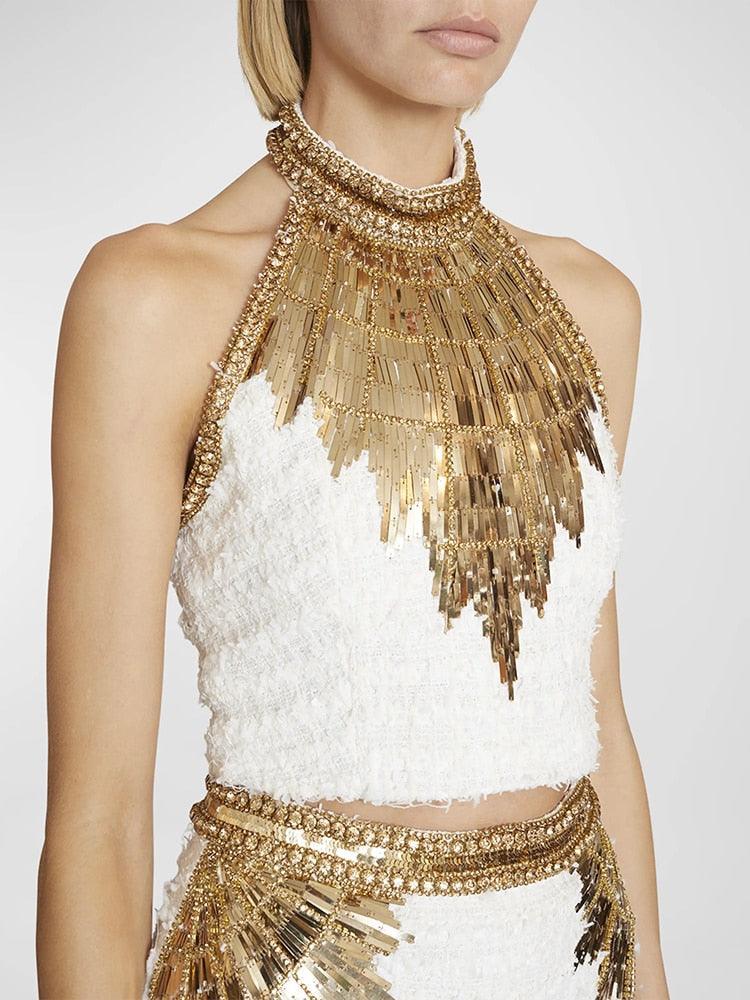 Cleo Beaded Halterneck Tweed Crop Top from The House of CO-KY - Shirts & Tops