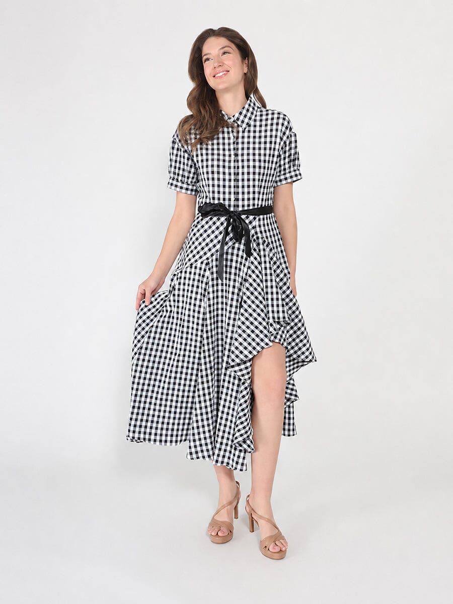 Plaid Pattern Asymmetrical Ruffle Midi Dress
