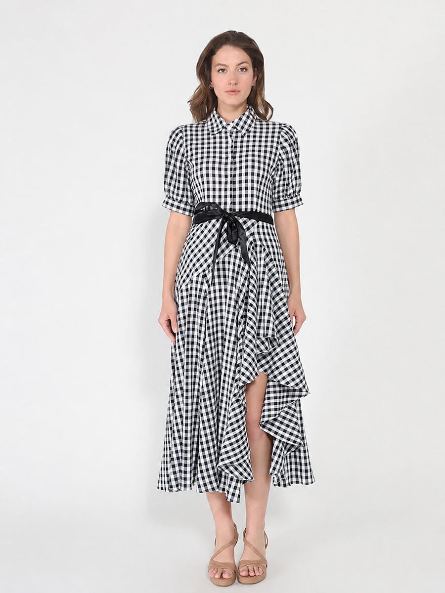 Plaid Pattern Asymmetrical Ruffle Midi Dress