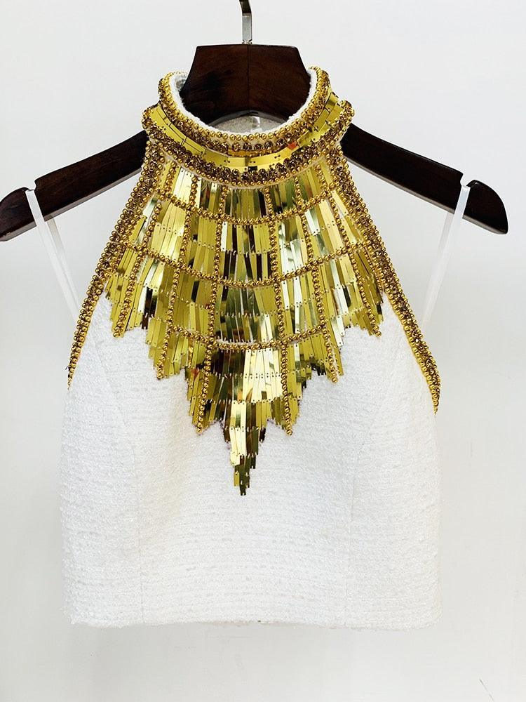 Cleo Beaded Halterneck Tweed Crop Top from The House of CO-KY - Shirts & Tops