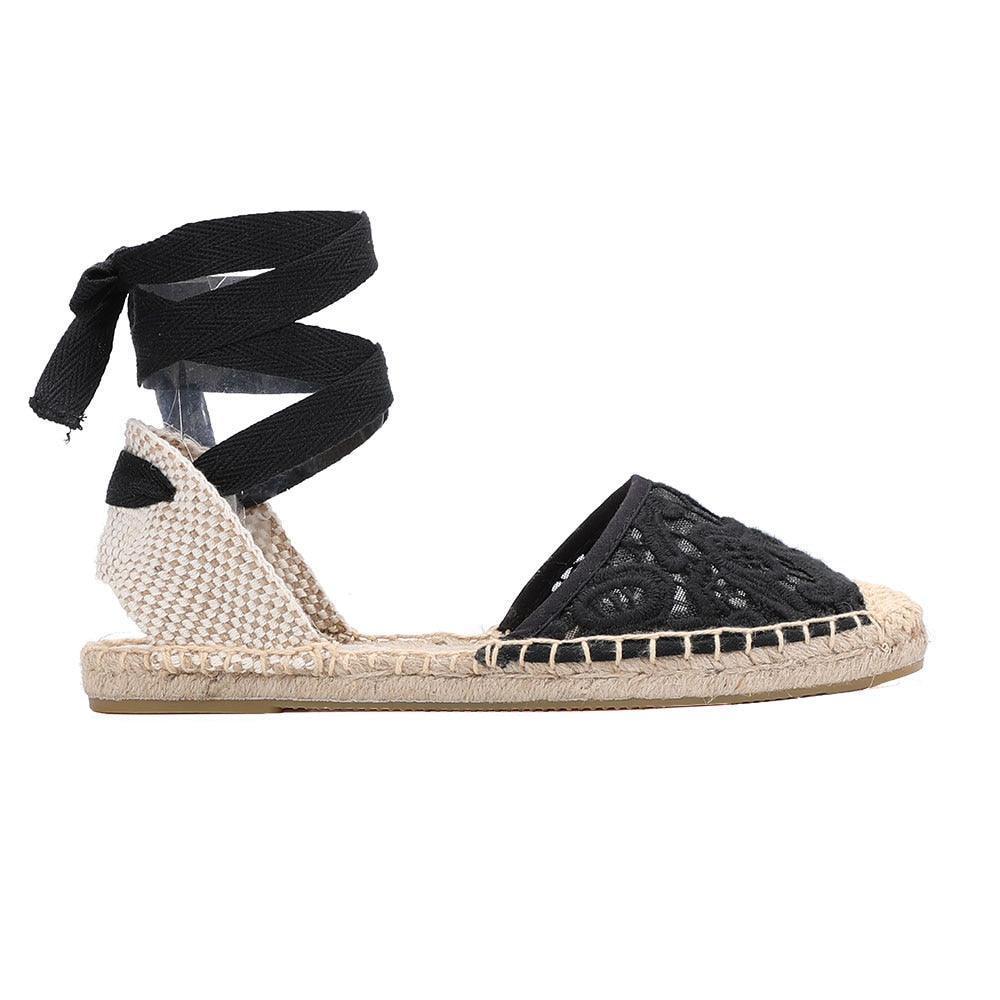 Lace T-strap Espadrille Flats - Black from The House of CO-KY - Shoes