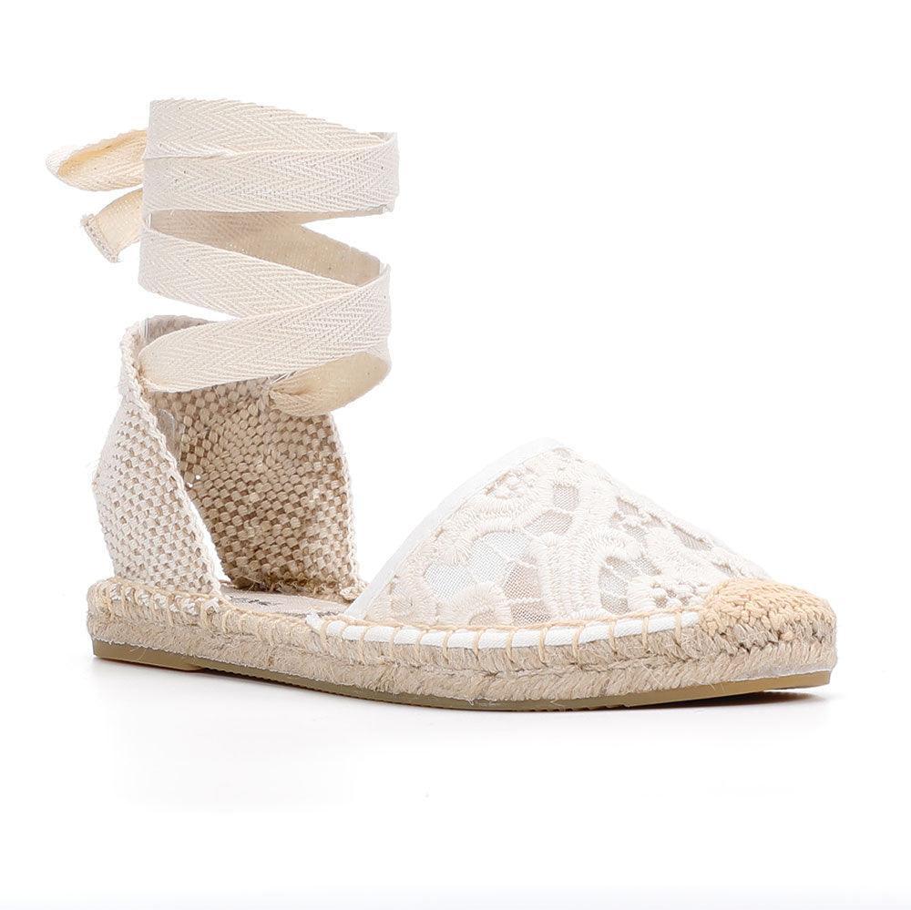 Lace T-strap Espadrille Flats - White from The House of CO-KY - Shoes