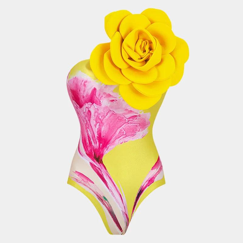 3D Flower Swimsuit With Cover Up - Yellow from The House of CO-KY - Swimwear