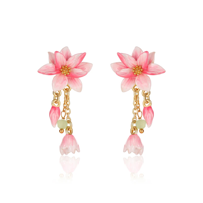 18k Gold Pink Magnolia Flower Earrings in pink