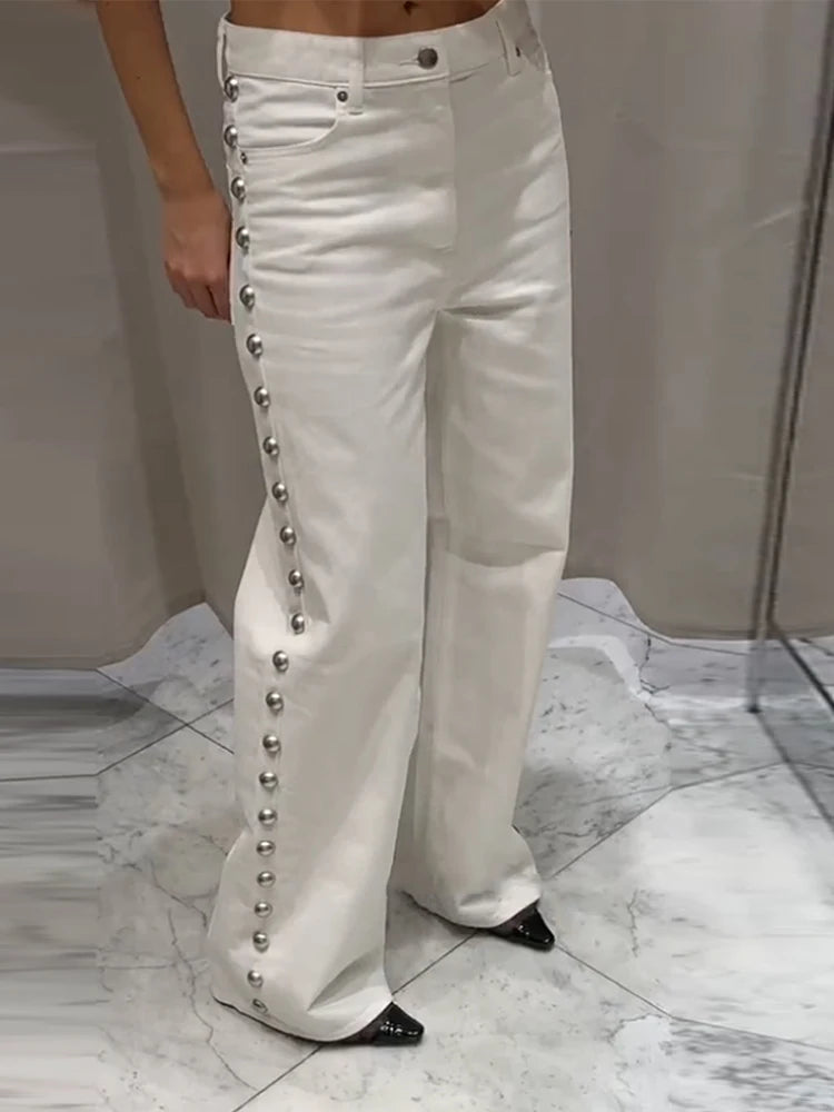 Beaded Wide Leg Straight Denim