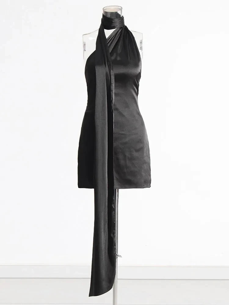 Tatiana Backless Satin Mini Dress – black – open-back detail