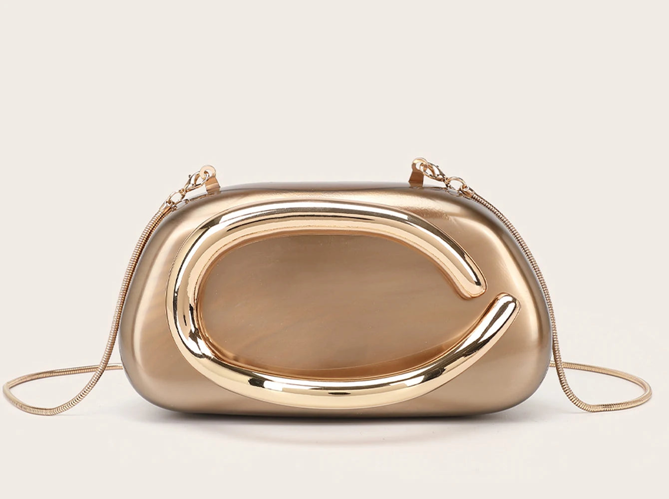 Material and finish detail of metal handle clutch bag