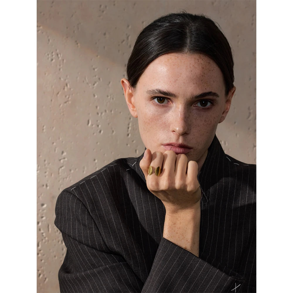 Shell Stripe Open Adjustable Ring — rings in gold — additional view