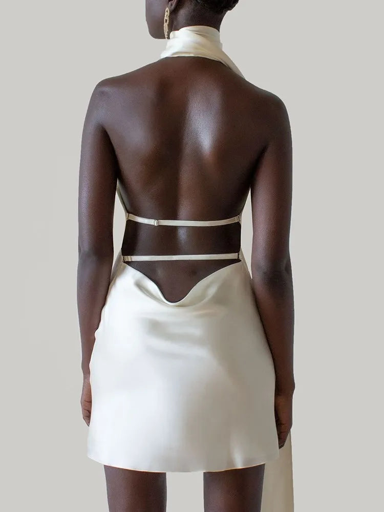 Tatiana Backless Satin Mini Dress – black – open-back detail