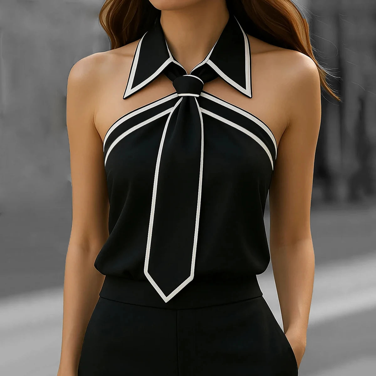 Tie Neck Lapel Blouse