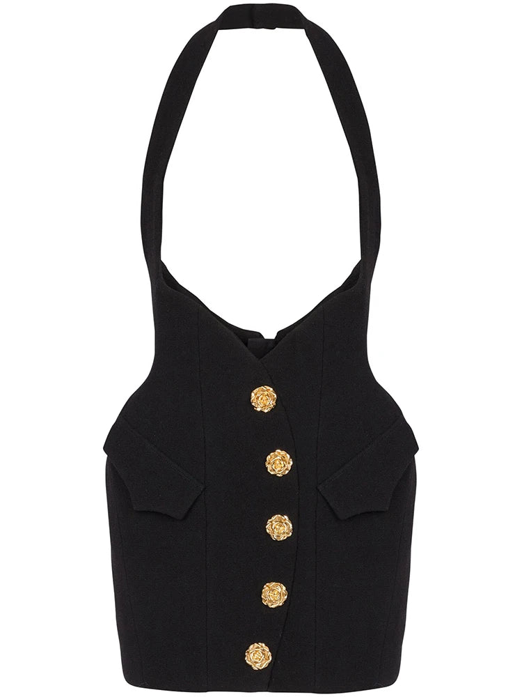 Rose Metal Buttons Halter Skirt