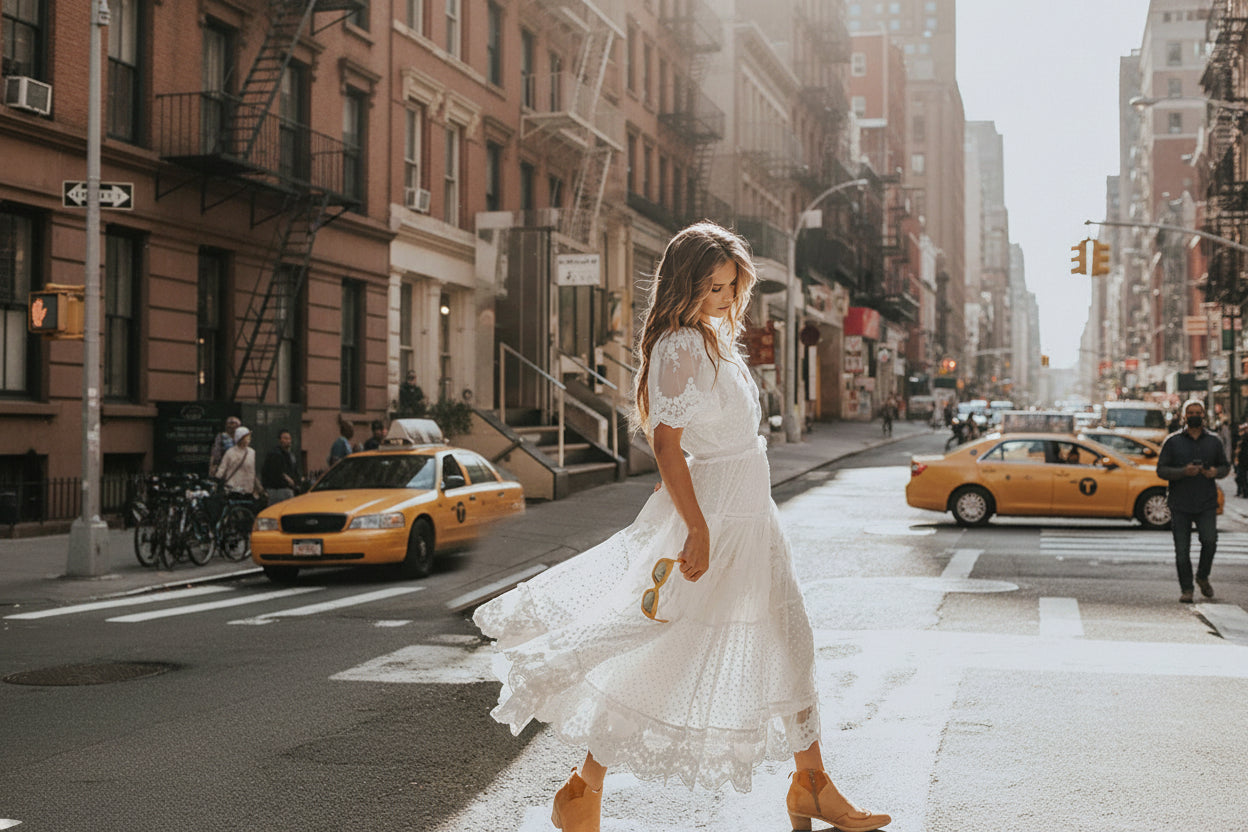 Woman in a white lace dress walking on a city street.
