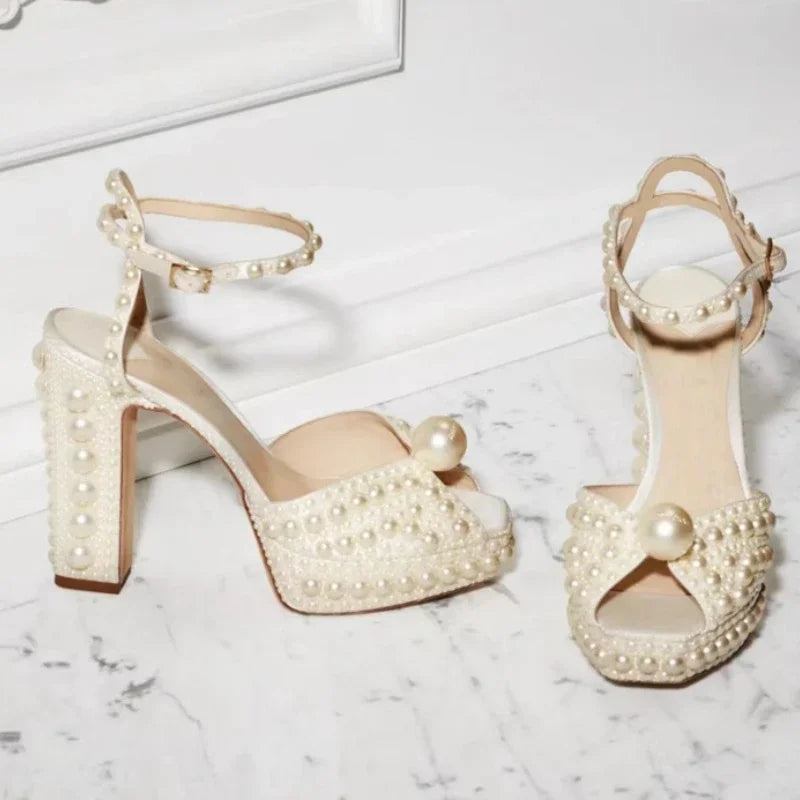 Pearl-Embellished Satin Platform Heels – pearl-embellished satin platform heels