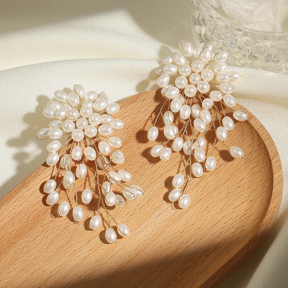 Flower Faux Pearls Earrings — earrings in pearl beaded detail — back view