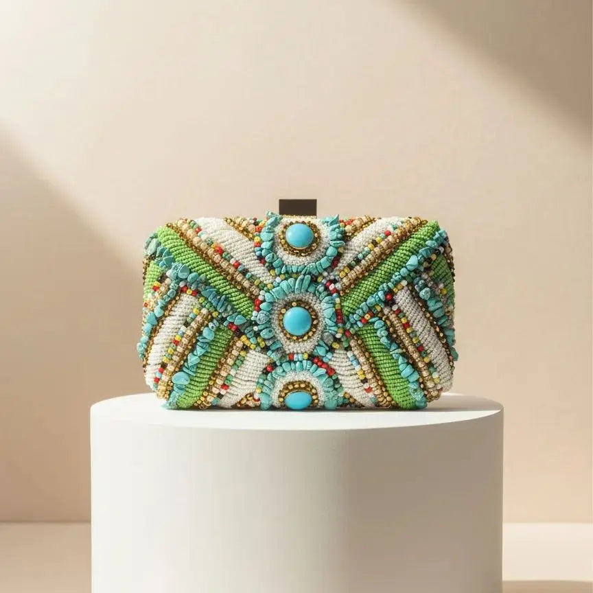 Green Embroidery Clutch Bag – green – statement handbag detail