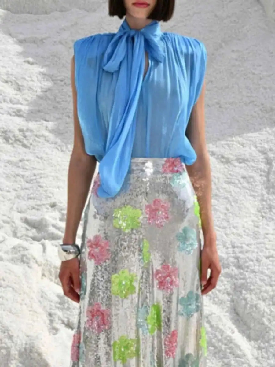 Marissa Lace Up Blouse — shirts & tops in blue lace detail — close-up detail