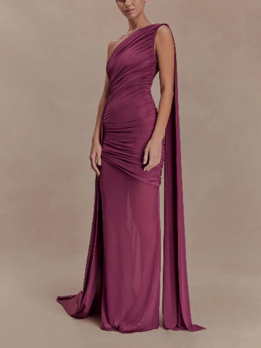 Amy One Shoulder Sheer Cape Dress – wine – sheer finish