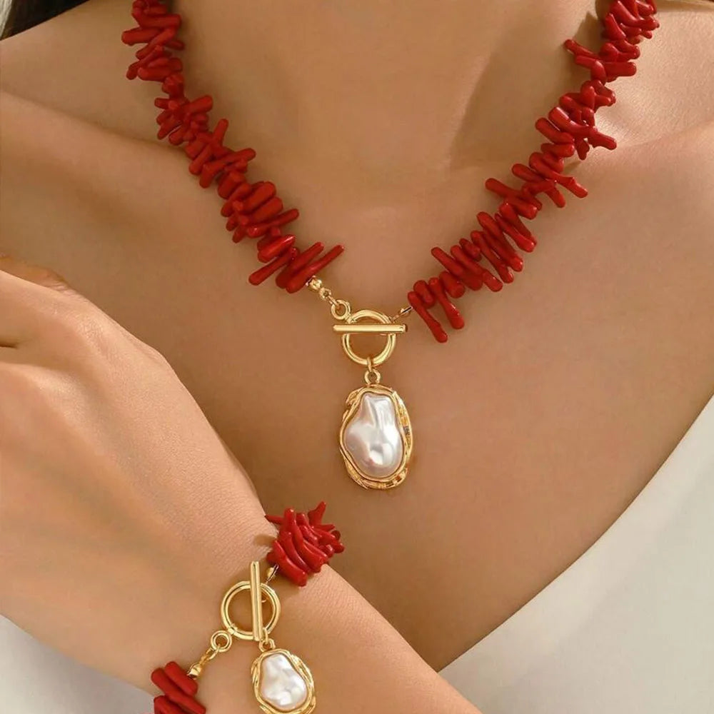 Red Coral and Faux Pearl Set