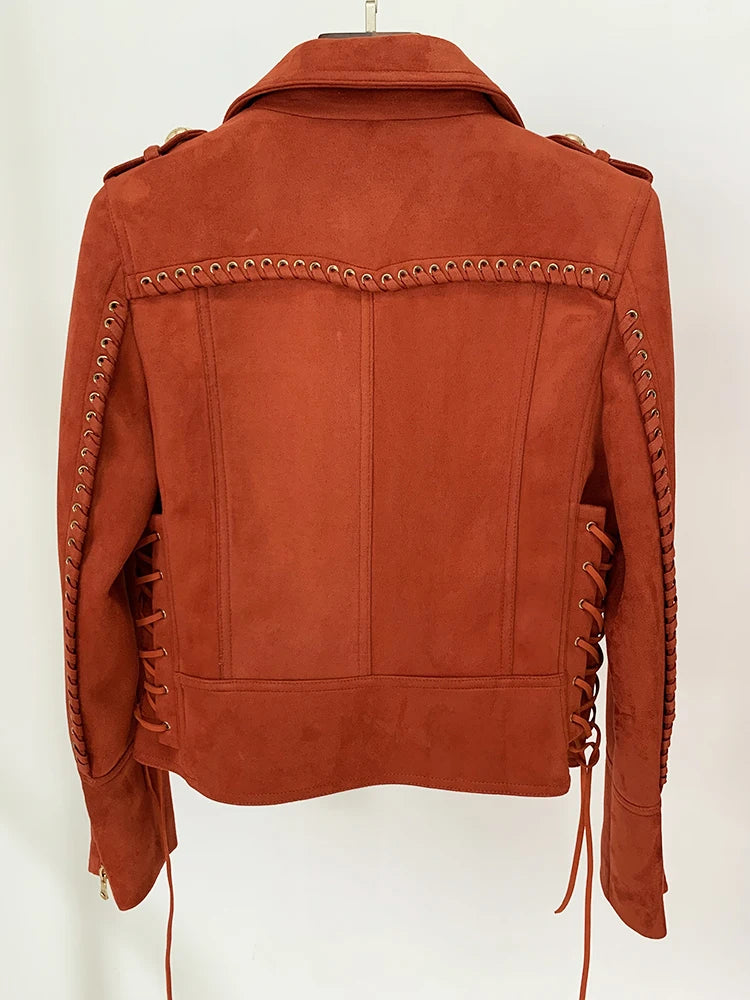 Suede Rope Lacing Up Biker Jacket