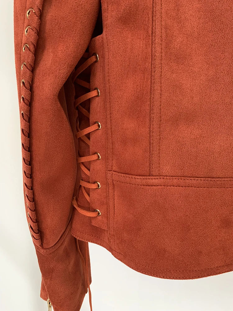 Suede Rope Lacing Up Biker Jacket