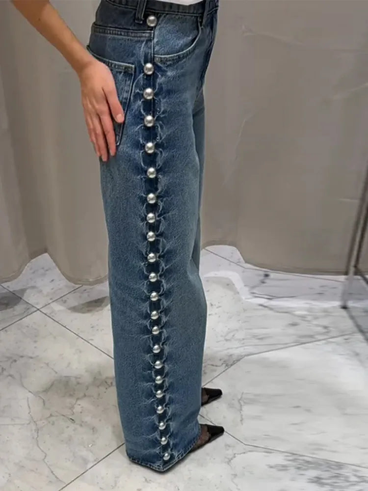 Beaded Wide Leg Straight Denim