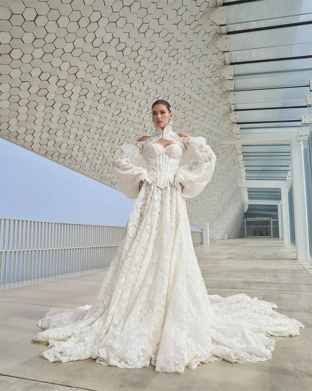 Seraphine Puff-Sleeve Lace A-Line Bridal Gown — wedding dresses in white lace detail — main view