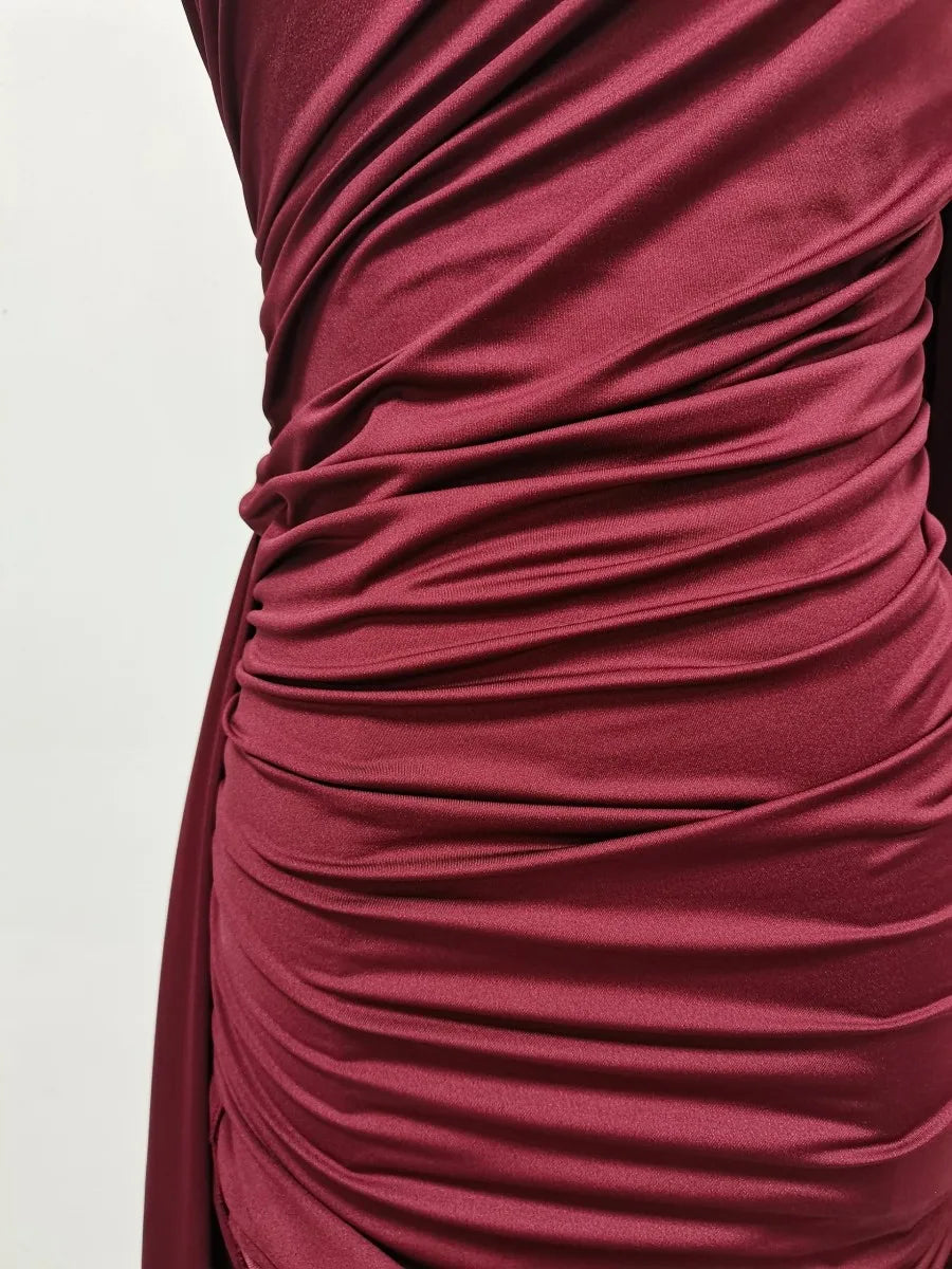 Amy One Shoulder Sheer Cape Dress – wine – sheer finish