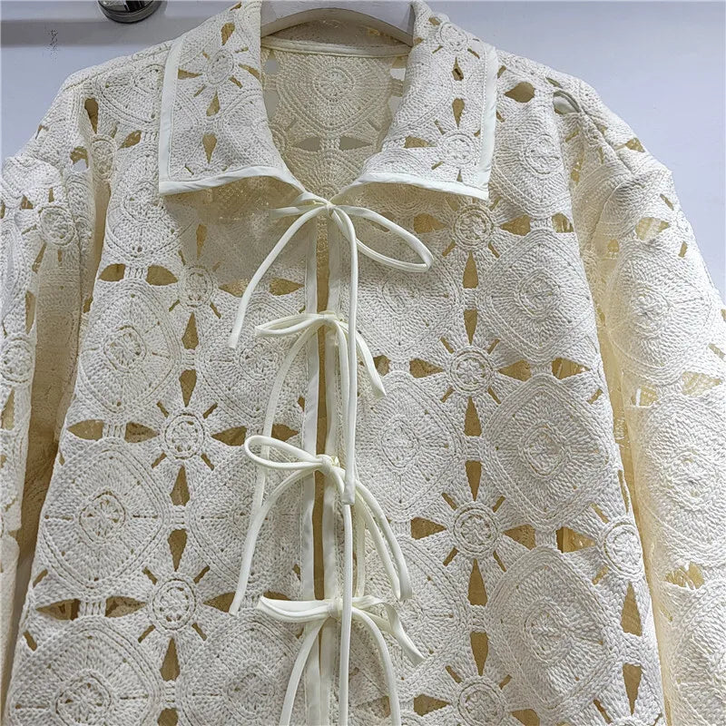 Lexy Embroidery Cardigan — coats & jackets in cream embroidered detail — close-up detail