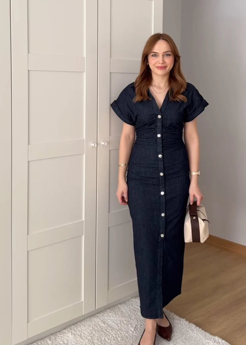 Collared Denim Button Midi Dress