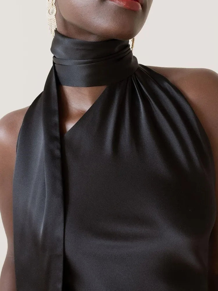 Tatiana Backless Satin Mini Dress – black – open-back detail