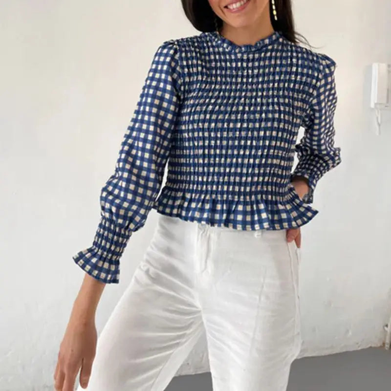 Tatiana Smocked Plaid Blouse — shirts & tops in orange — back view