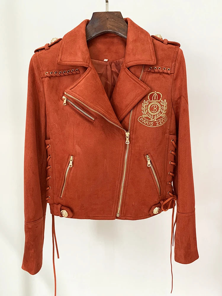 Suede Rope Lacing Up Biker Jacket