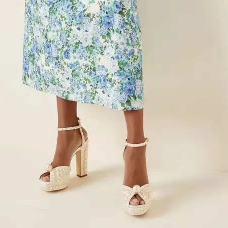 Pearl-Embellished Satin Platform Heels – pearl-embellished satin platform heels