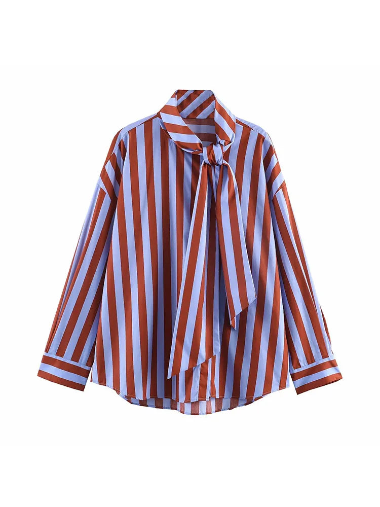 Striped shirt with a tie detail on a white background