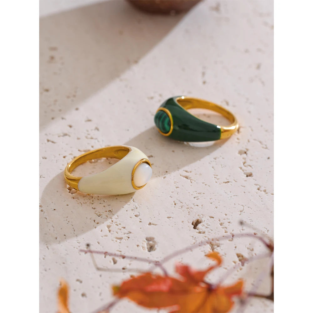 Enamel Natural Malachite Shell Ring — rings in green — front view