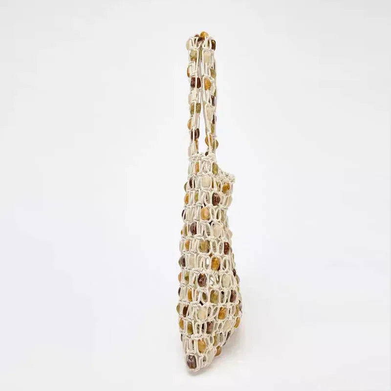 Beaded Woven Bucket Bag – straw bucket shoulder bag